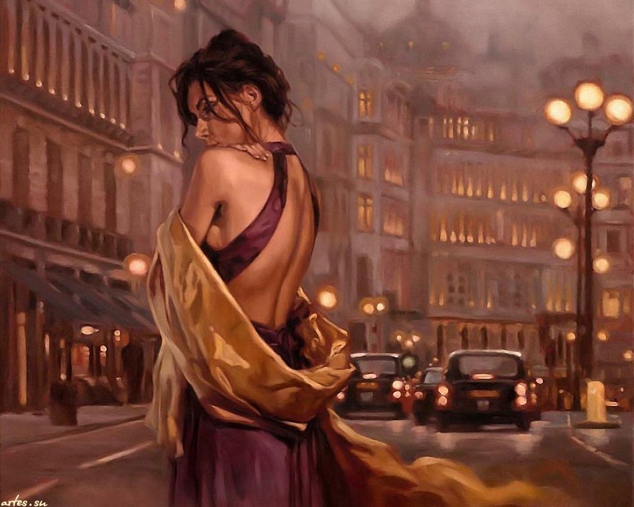 Девушка на вечерней улице - городской пейзаж, женщина - оригинал