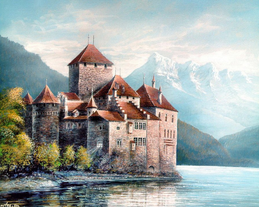 Старинные замки Karl Illini, Шильонский замок, Швейцария - вода, замок, швейцария - оригинал