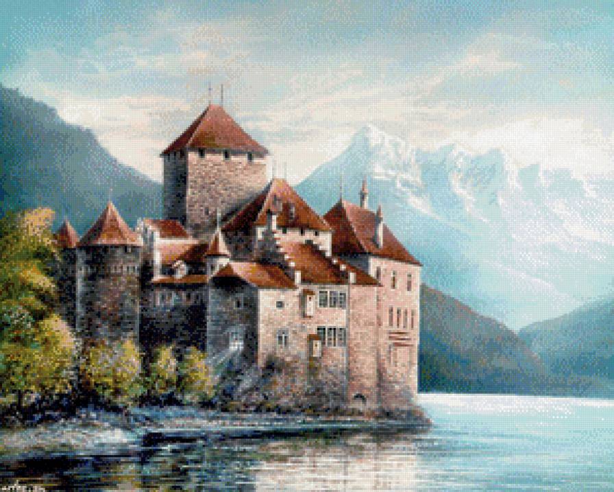 Старинные замки Karl Illini, Шильонский замок, Швейцария - замок, швейцария, вода - предпросмотр