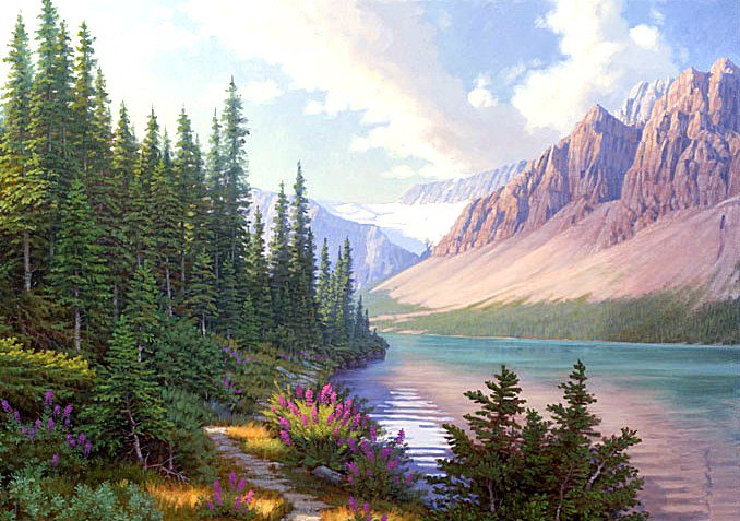 Горный пейзаж - елочки, горы, река, пейзаж, картина - оригинал