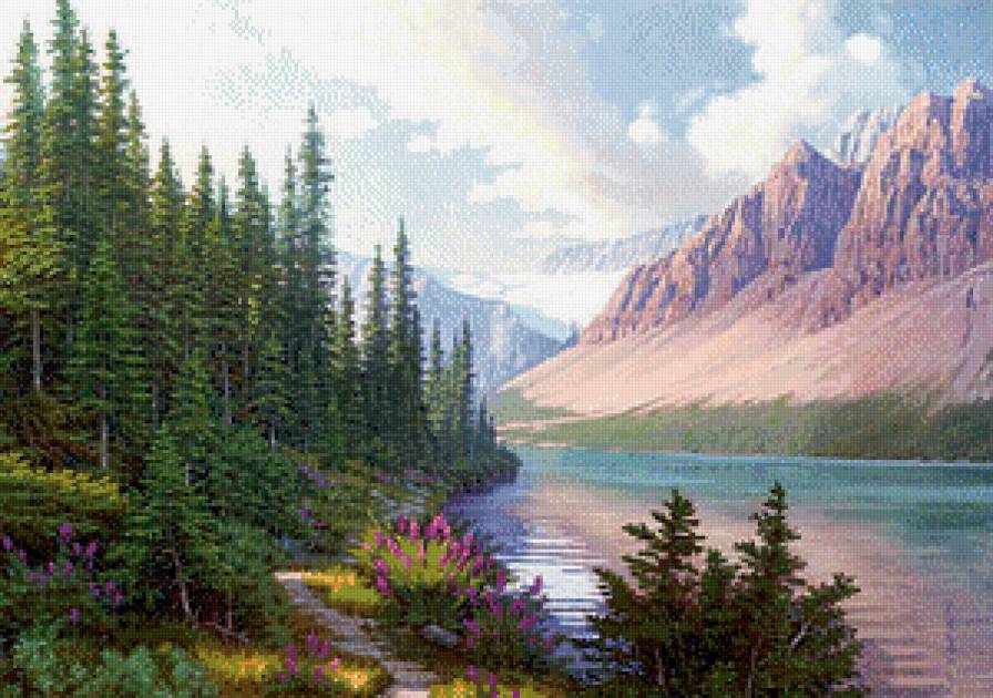 Горный пейзаж - картина, горы, река, елочки, пейзаж - предпросмотр