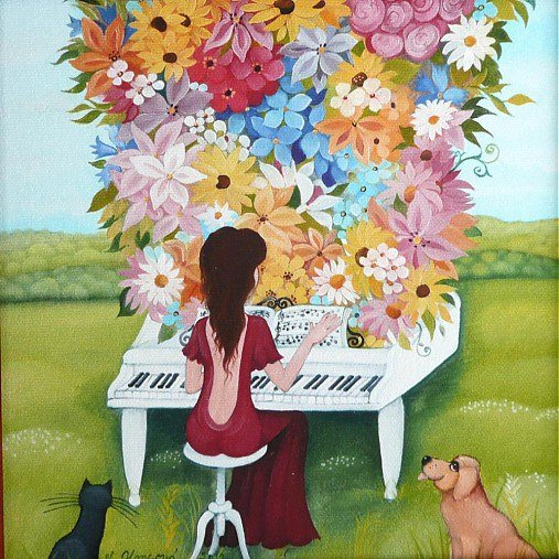 Музыка цветов - кошки, рояль, собаки, девушка, цветы, животные - оригинал