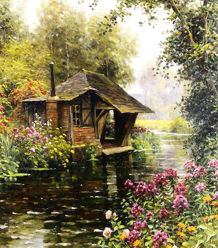 домик у воды - природа, пейзаж, ручей, лес, дом, цветы - оригинал