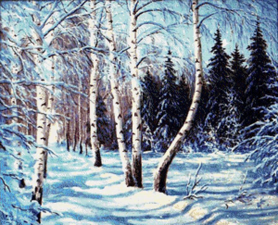 зимний вечер - снег, зима, деревья, пейзаж, березы, природа - предпросмотр