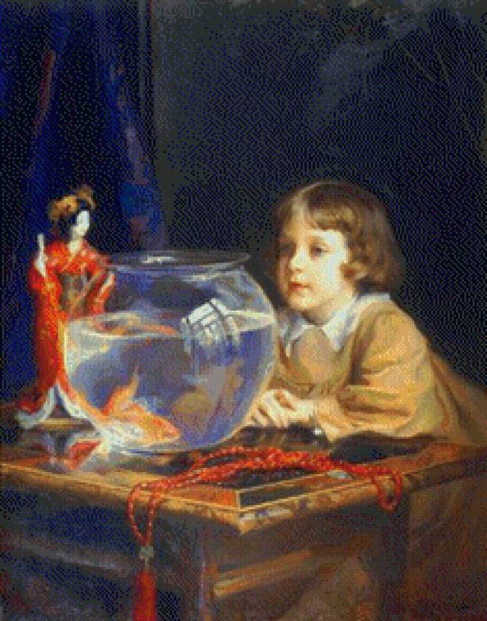 мальчик и золотая рыбка - картина - предпросмотр