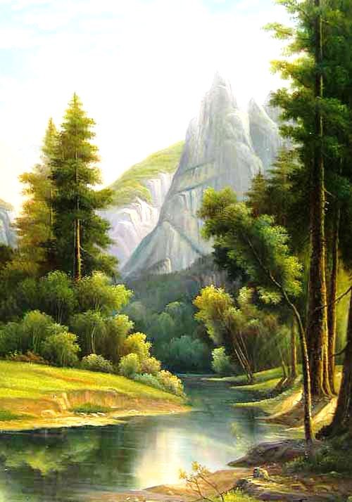 горный пейзаж - пейзаж, природа, горы, лес, ручей - оригинал