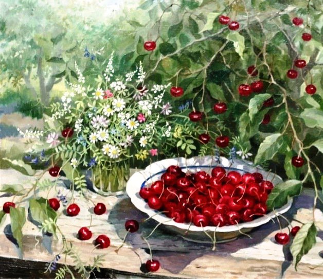 натюрморт с вишнями - ягоды, цветы, натюрморт, фрукты, природа - оригинал
