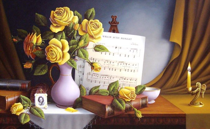 натюрморт с розами - розы, картина, натюрморт, пано, цветы - оригинал