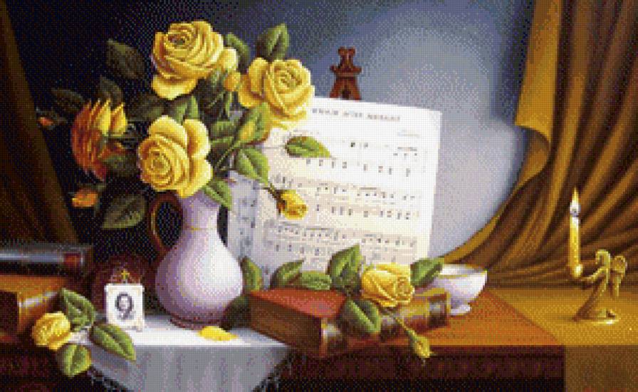 натюрморт с розами - пано, натюрморт, цветы, картина, розы - предпросмотр