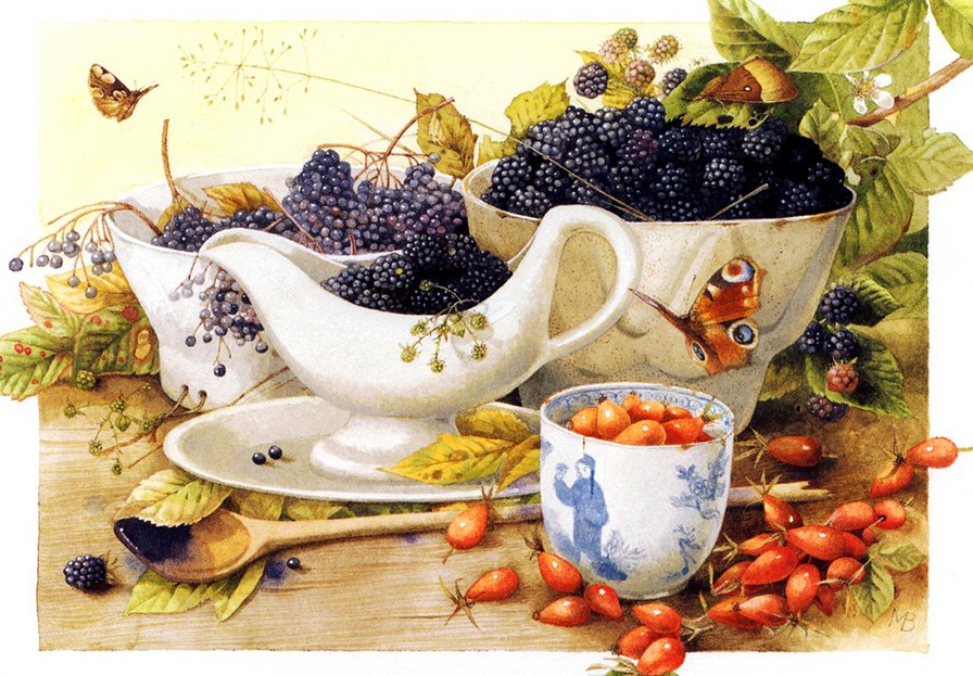натюрморт с ягодами - натюрморт, ягоды, пано, картина, бабочки - оригинал