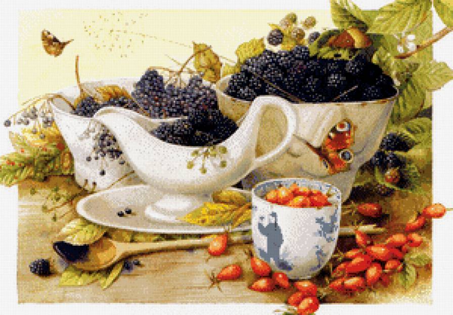 натюрморт с ягодами - натюрморт, бабочки, ягоды, пано, картина - предпросмотр