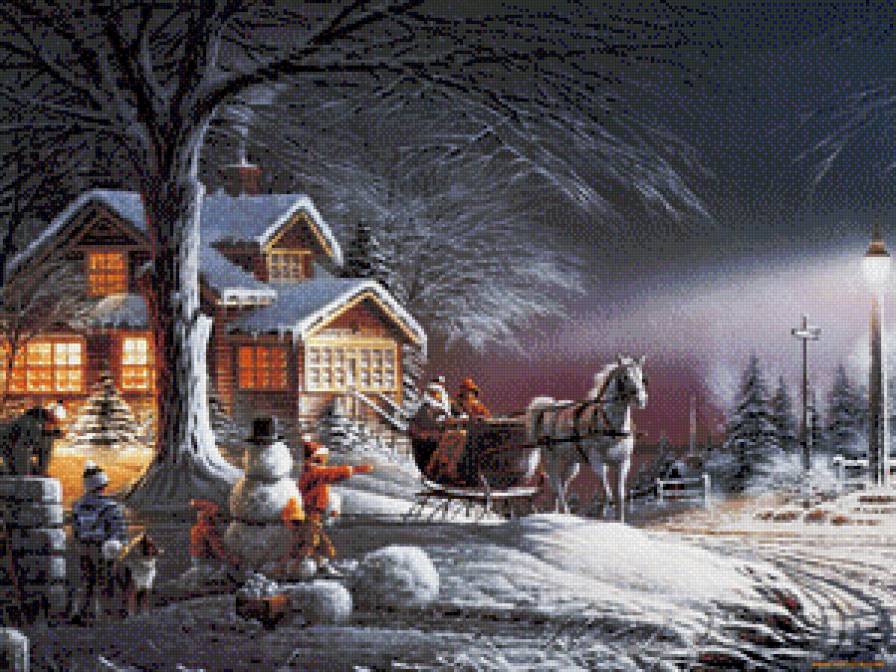 зимний вечер - зима, сани, дети, дом, лошадь, вечер, фонарь, лес, снеговик - предпросмотр