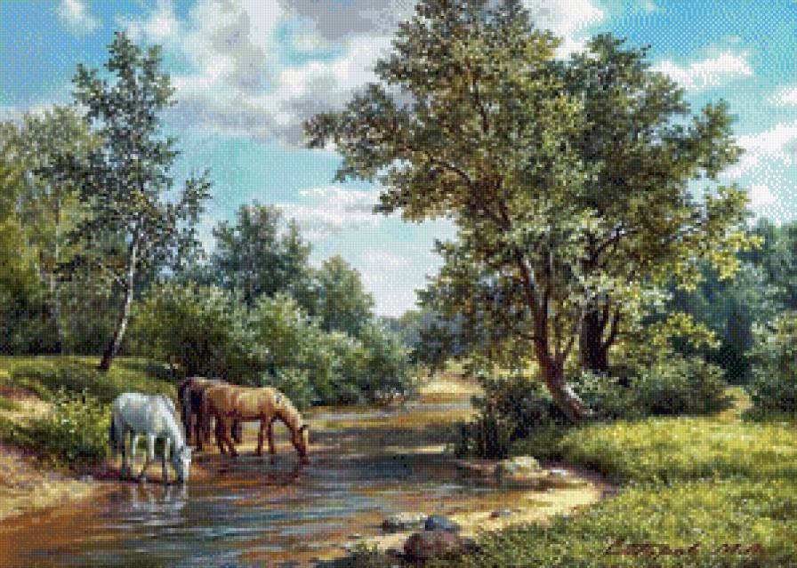 михаил сатаров 16 на водопое - лес, пейзаж, картина, горы, михаил сатаров, кони, лошади, река, лето - предпросмотр