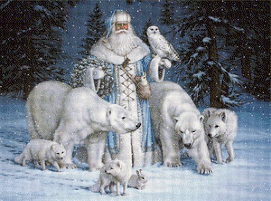 на севере - тайга, дед мороз, лес, север, волк, сова, природа, медведь, картина, зима - предпросмотр