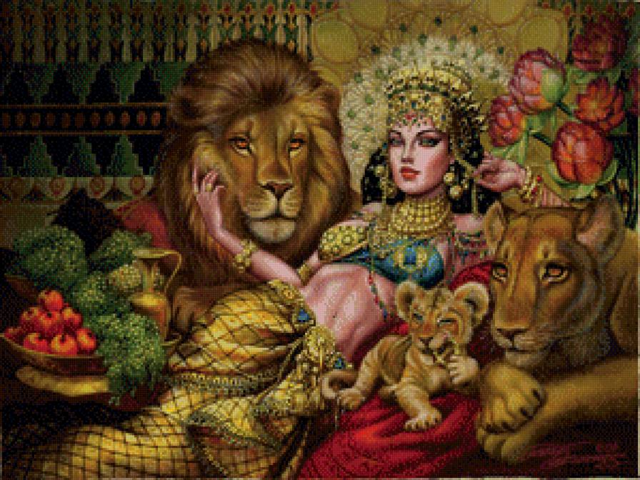 Девушка со львами - красавица, животные, львы, фэнтези, девушка - предпросмотр