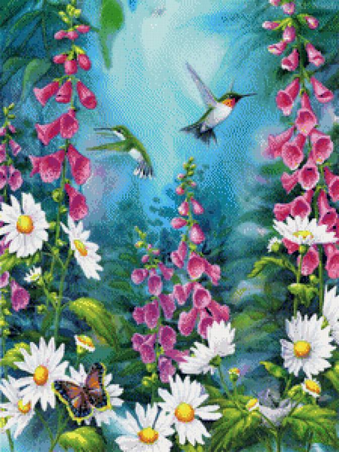 колибри и цветы - картина птицы - предпросмотр