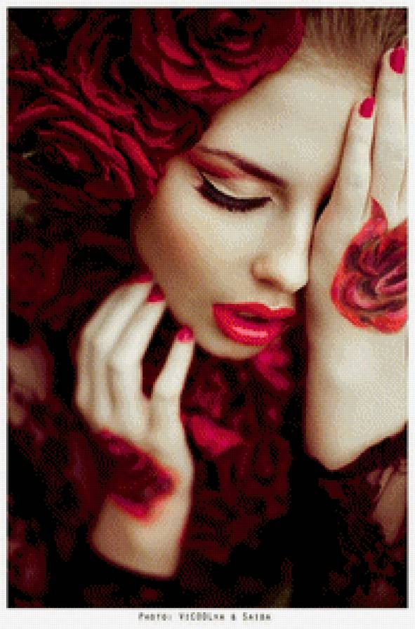 Страсть - цветы, девушка, красный, розы, лицо, губы, портрет, страсть - предпросмотр