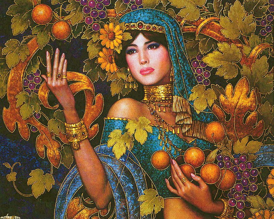 Хозяйка осень - фрукты, девушка, лоза, виноград, осень, листья - оригинал