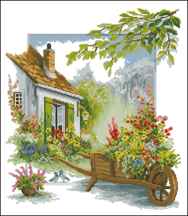 цветочный дворик - цветы, дворик, дом - оригинал