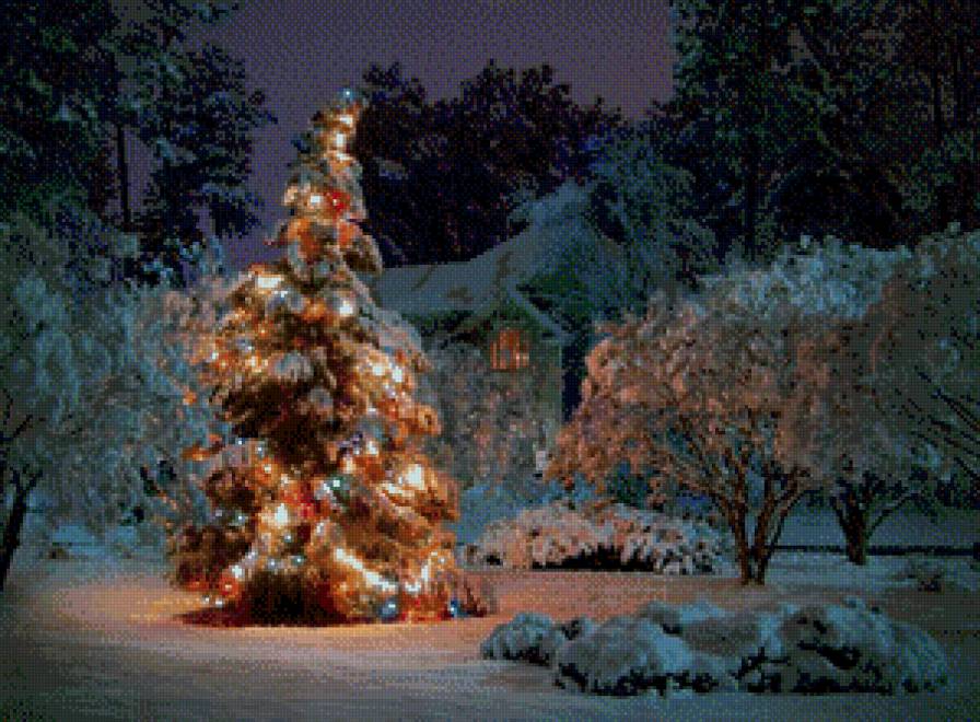 новый год - новый год, снег, избушка, зима, елка, картина, дерево - предпросмотр