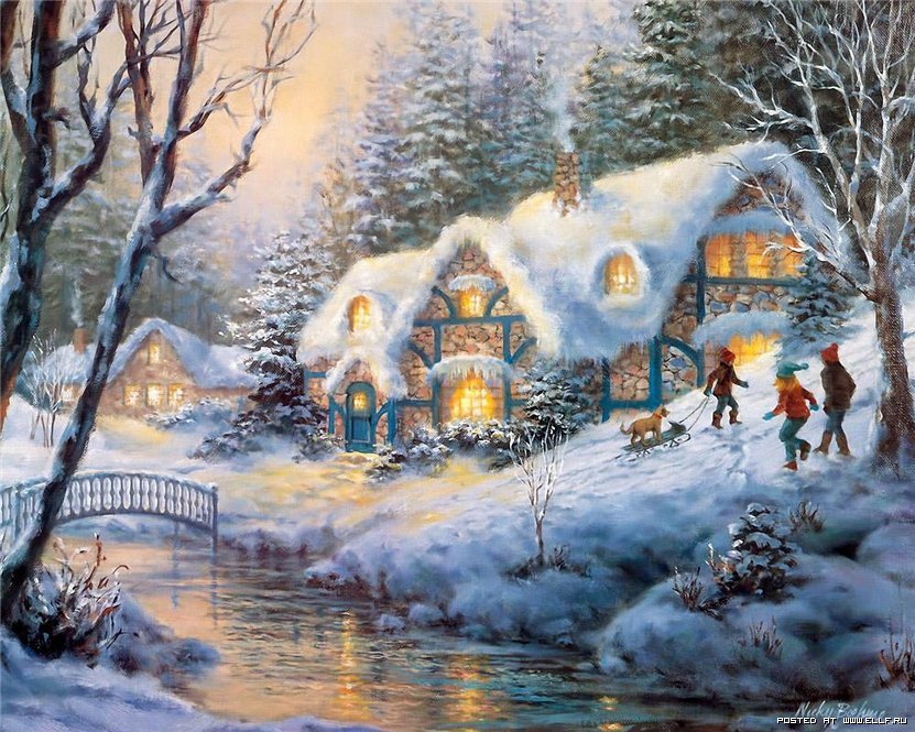 ники боэм 10 рождественская сказка - городок, мостик, снег, зима, елка, рождество, ники боэм - оригинал