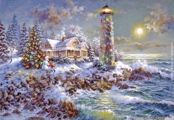 ники боэм 11 рождественская ёлка у маяка - зима, ники боэм, маяк, картина, море, пейзаж, елка, рождество - оригинал