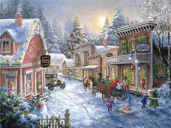 ники боэм 20 рождество в городке - рождество, ники боэм, мостик, зима, елка, городок, снег - оригинал
