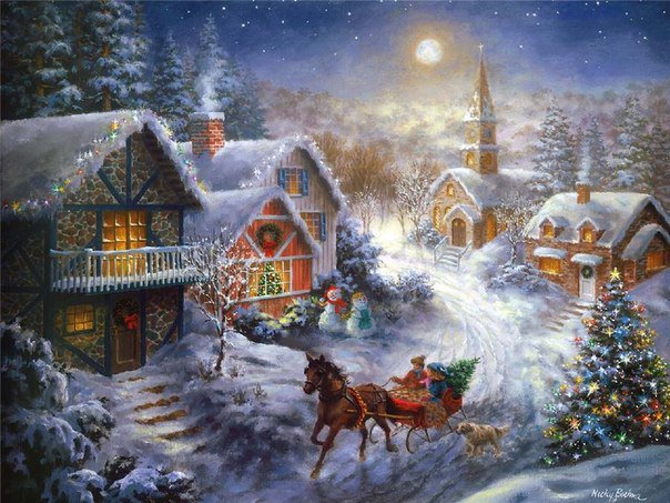 ники боэм 23 с ёлочкой - рождество, елка, городок, зима, мостик, ники боэм, снег - оригинал