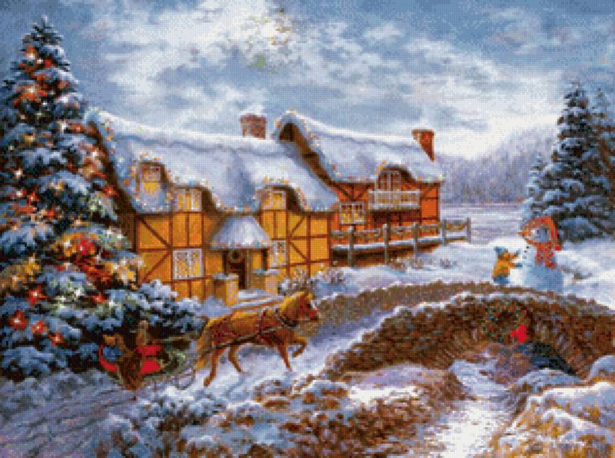ники боэм 38 рождественская сказка - снег, рождество, зима, мостик, ники боэм, городок, елка - предпросмотр