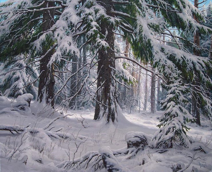 под елью - ель, пейзаж, картина, снег, зима, сугроб, елка - оригинал