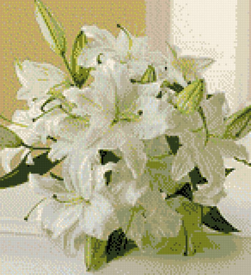 Белые лилии - цветы, вышивка - предпросмотр