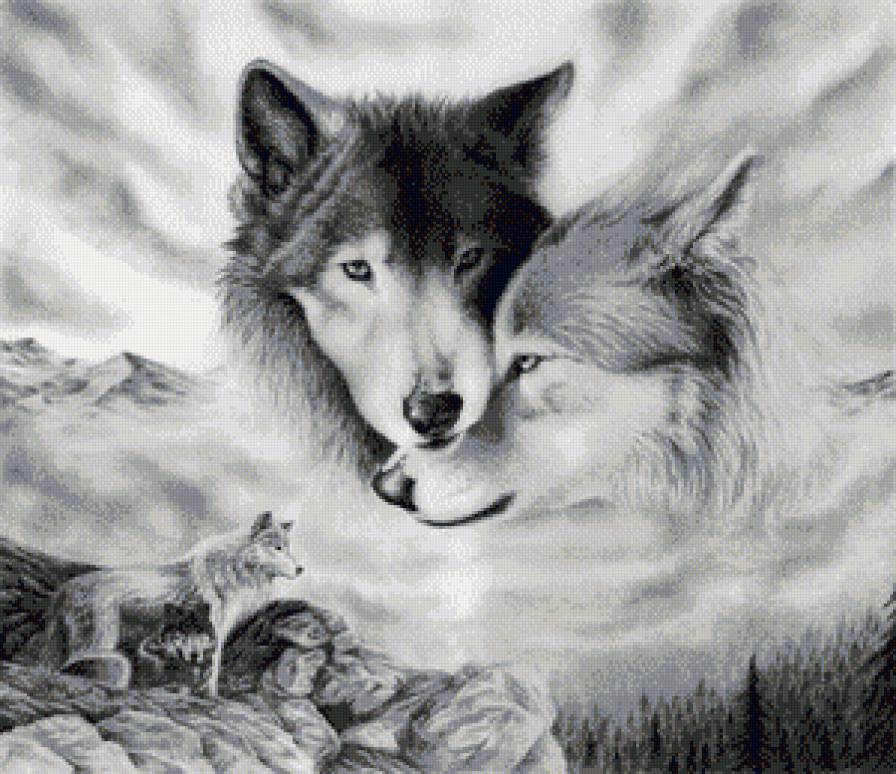 волки пара монохром - чорнобелое, волки, стая, волк, монохром, луна - предпросмотр