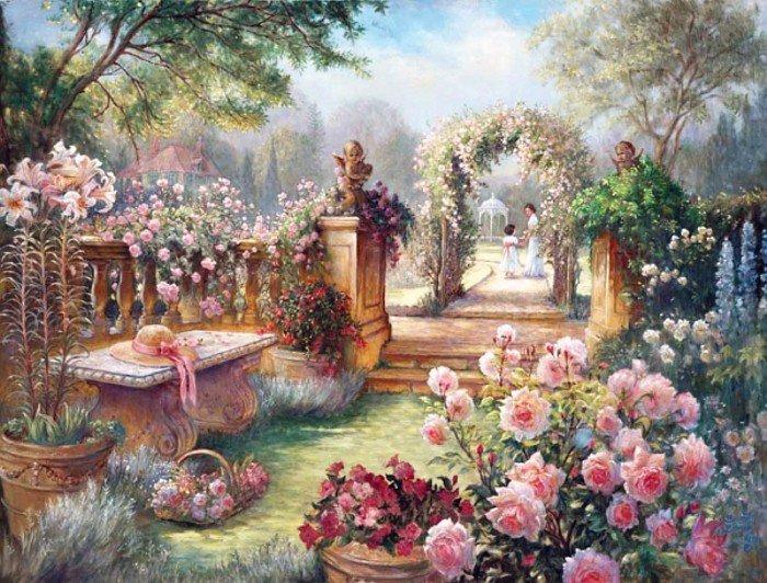 розовый сад - пейзаж, розы, кусты, картина, арка, сад - оригинал