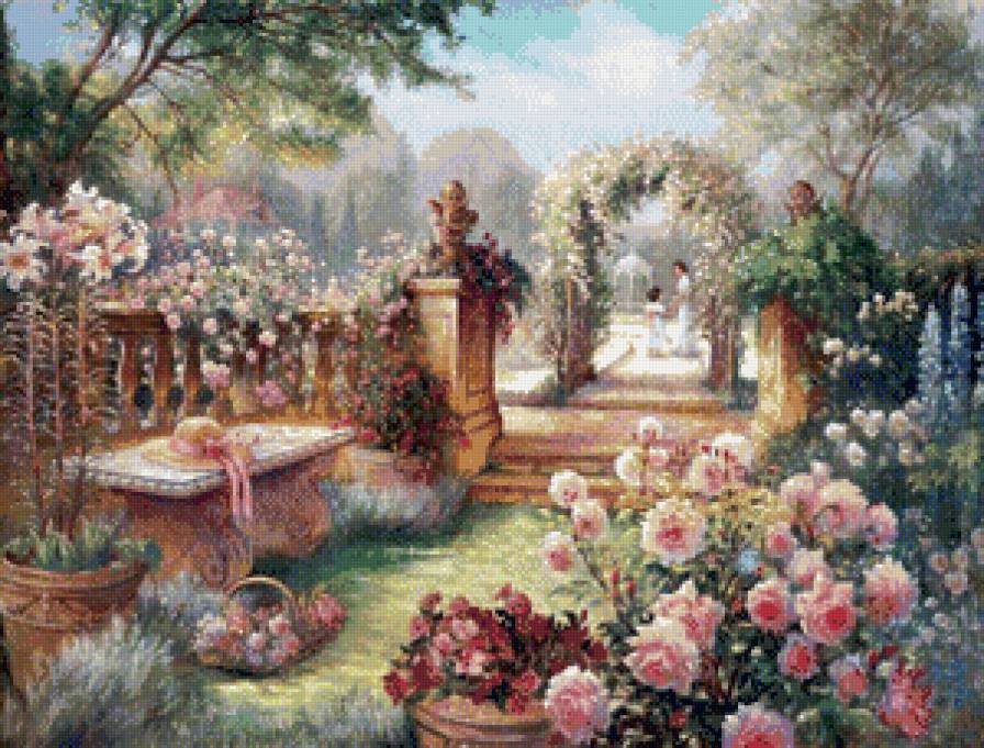 розовый сад - розы, картина, сад, арка, пейзаж, кусты - предпросмотр