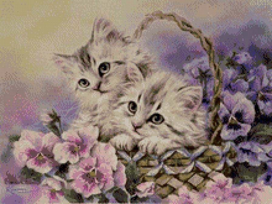 котята в корзинке - кошки, цветы, корзинка - предпросмотр