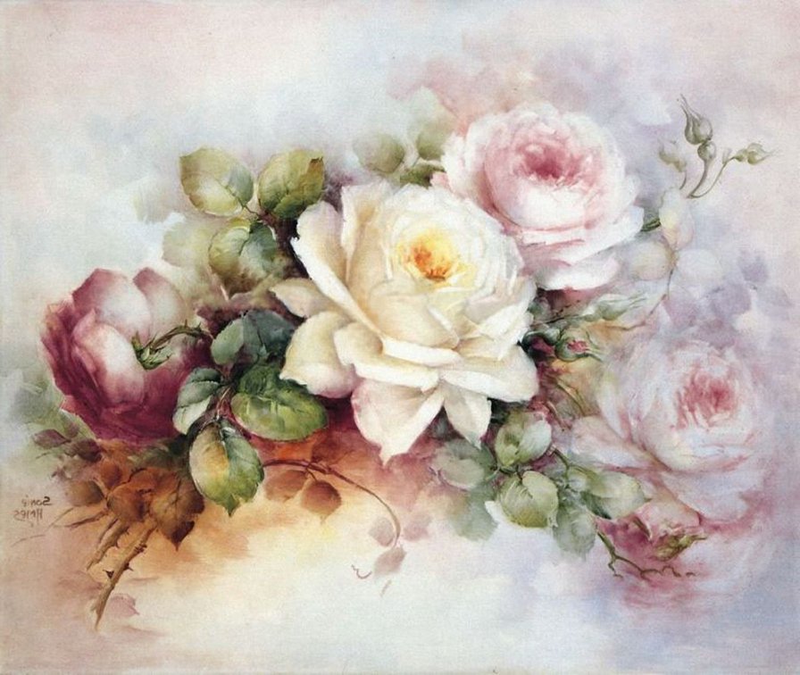 розы винтаж акварель - цветы, акварель, розы, винтаж, букет - оригинал