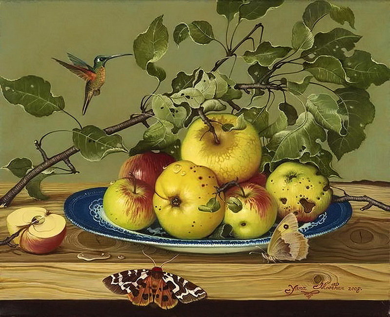 Jana Mowczan-Naturmort z jablokami - jablka, martwa natura, ziwopis - оригинал