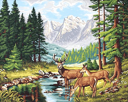 Олени у ручья - горы, картина, елочки, олени, пейзаж, животные - оригинал