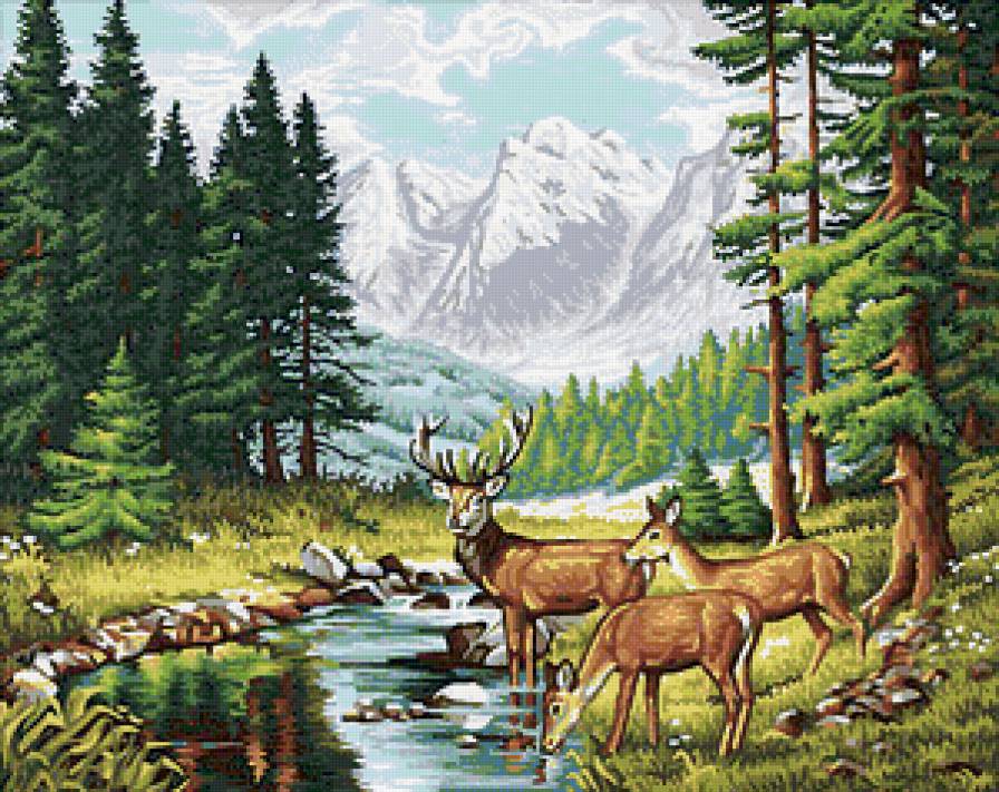 Олени у ручья - горы, пейзаж, елочки, животные, картина, олени - предпросмотр