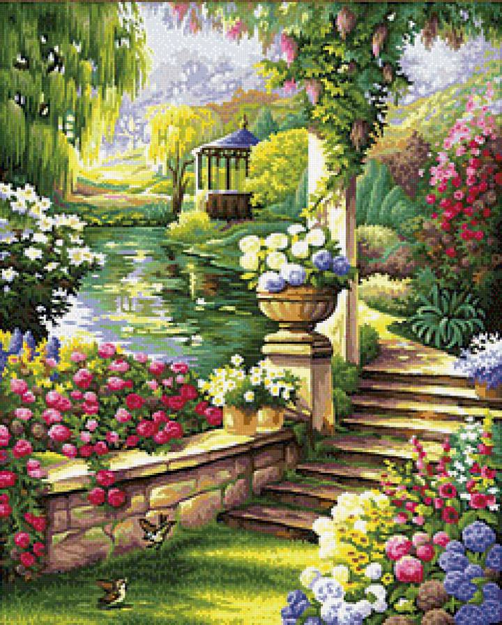 Цветущий сад - сад, природа, пейзаж, картина, цветы, озеро - предпросмотр