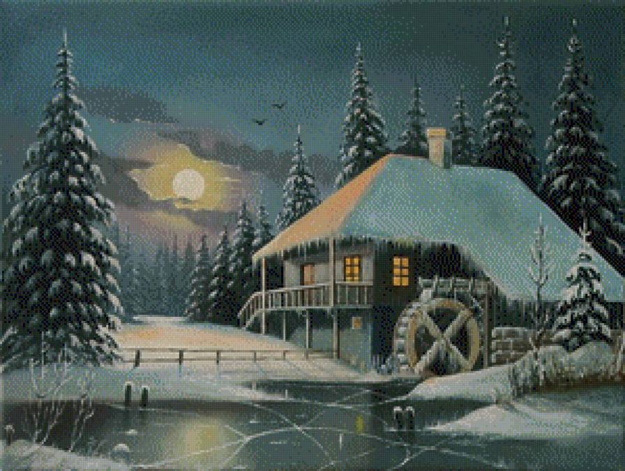 старая мельница - мельница, лес, снег, ночь, река, зима, дом, пейзаж, луна - предпросмотр
