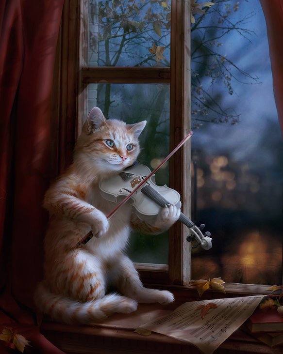 sounds_of_autumn - рыжий, осень, кот, окно, животное, скрипка - оригинал