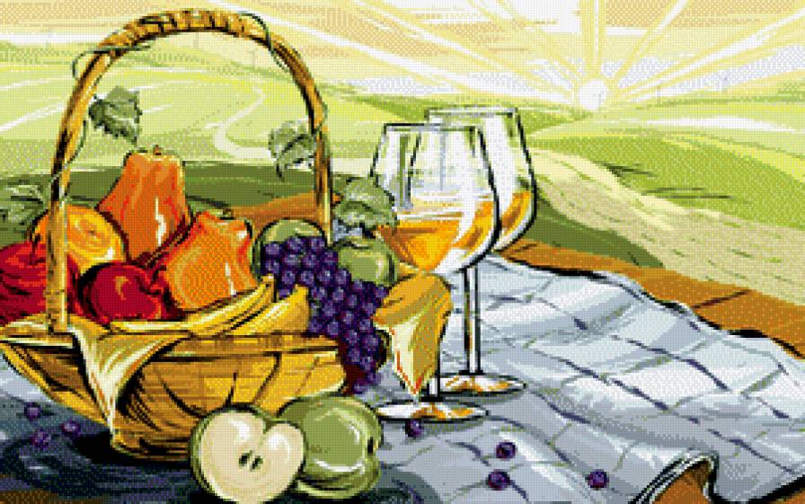 Пикник в поле - бокал вина, фрукты, натюрморт, пейзаж - предпросмотр
