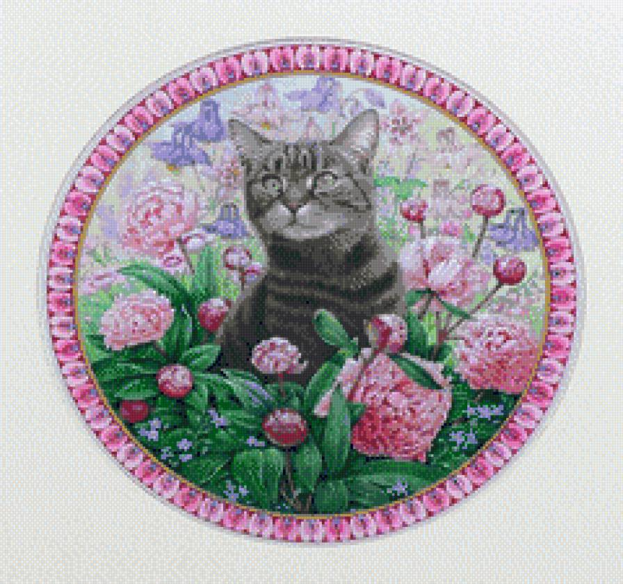 Кот в пионах - живопись, цветы, кошки, животные, подушка - предпросмотр