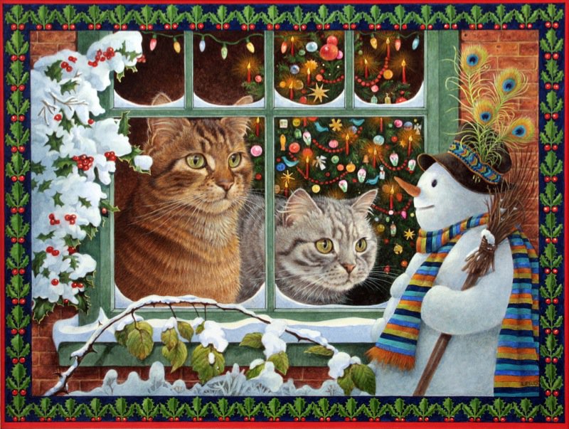 Кошкино Рождество - зима, живопись, кошки, животные, рождество - оригинал
