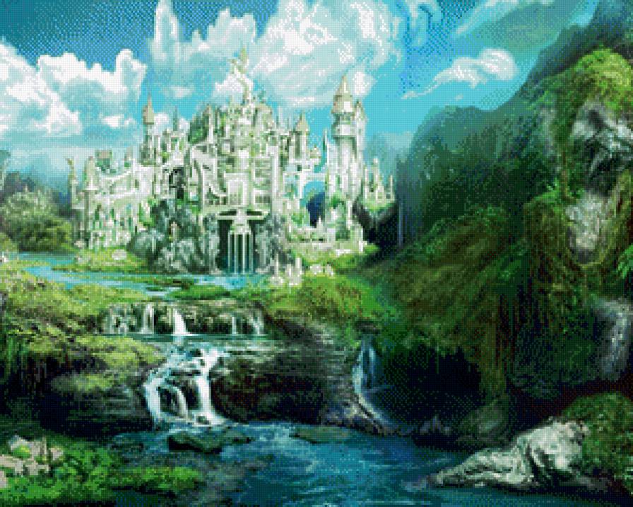 сказочная долина - замок, водопад, горы, картина, пейзаж, дворец - предпросмотр