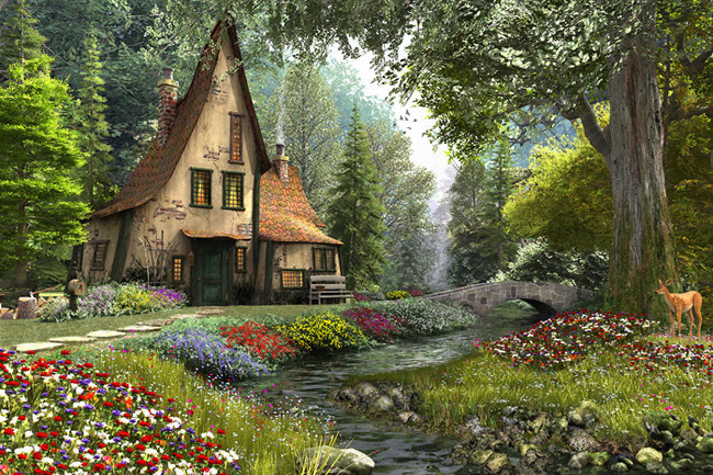 сказочный домик - пейзаж, лето, цветы, природа, домик, садик, картина - оригинал
