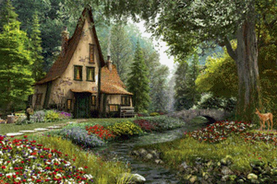 сказочный домик - домик, картина, природа, лето, пейзаж, цветы, садик - предпросмотр