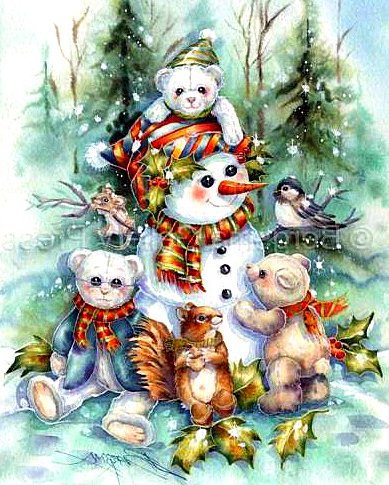 снеговик и медвежата - зима, медвежонок, игрушки, праздник, снеговик - оригинал