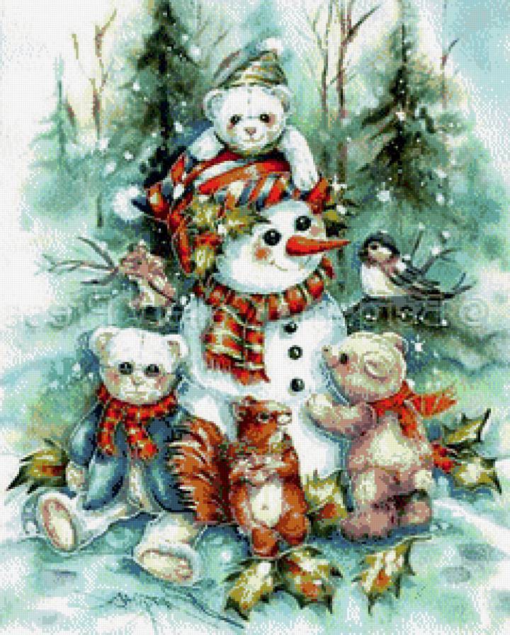 снеговик и медвежата - праздник, зима, медвежонок, снеговик, игрушки - предпросмотр